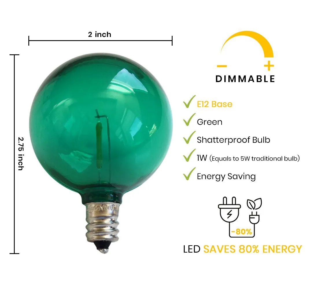 10-PACK Green LED Filament G50 Globe Shatterproof Energy Saving Color Light Bulb, Dimmable, 1W,  E12 Candelabra Base