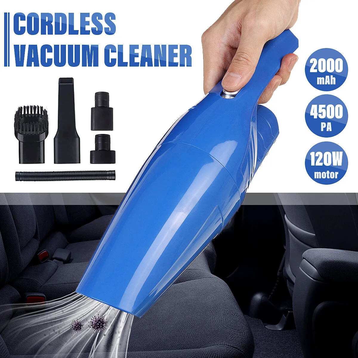 120W Cordless Portable Handheld Vacuum Cleaner 4500Pa Powerful Suction Wet Dry Dual Use Lightweight for Car Home