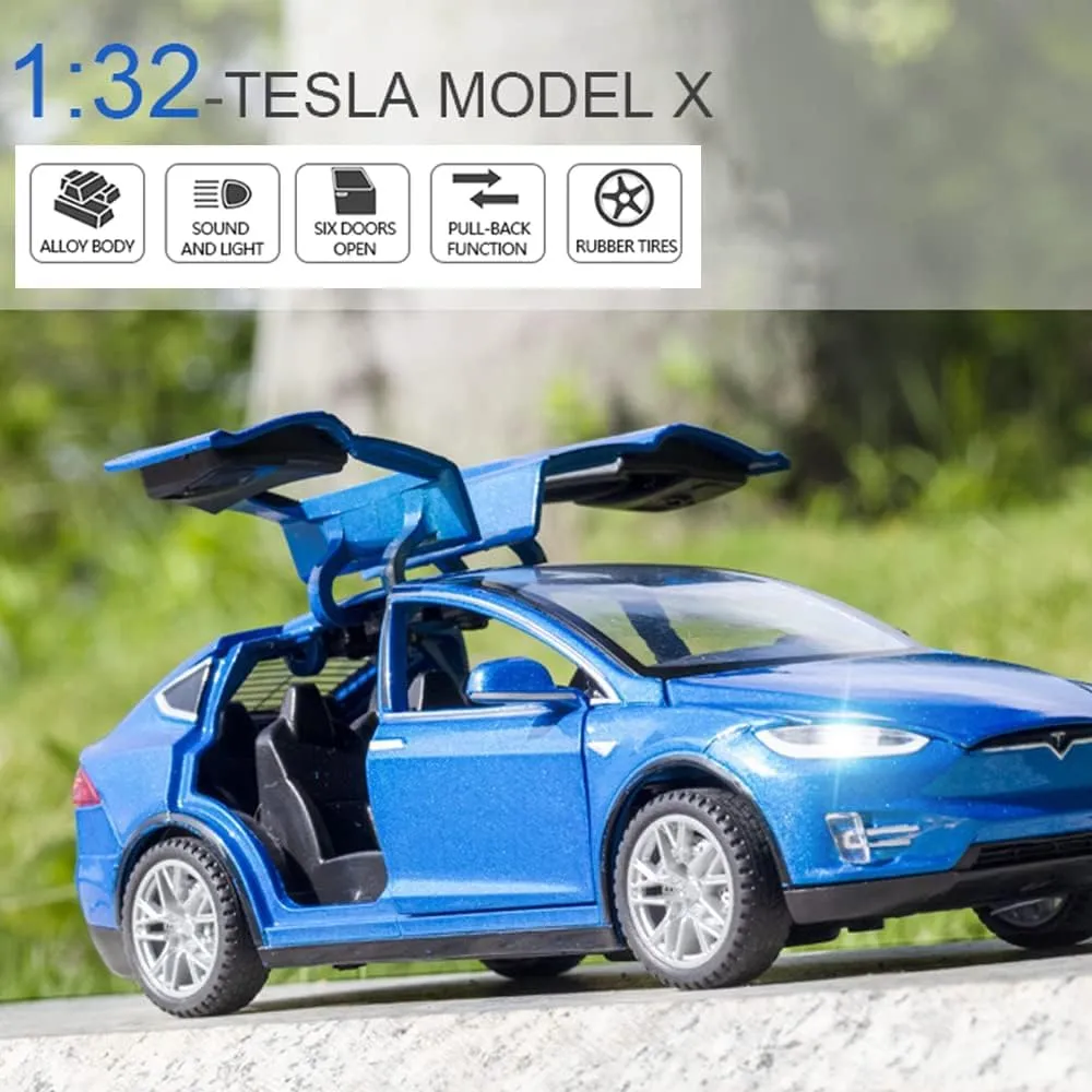 1:32 DIECAST MODEL ALLOY TESLA X ALLOY METAL PULL BACK WITH 6 OPENABLE DOORS & SOUND LIGHT TOY CAR FOR KIDS BEST GIFT TOYS FOR KIDS [ COLOR AS PER STOCK ]