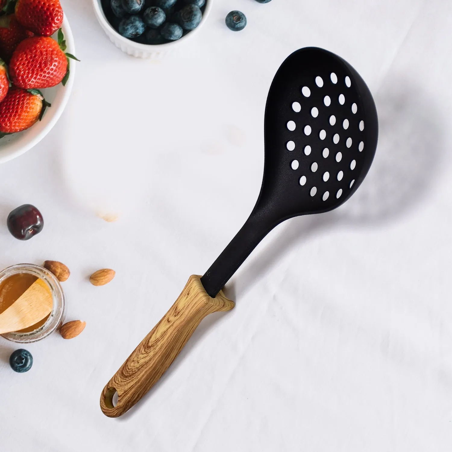 2589 Wooden Handle Design Silicone Kitchenware Non-stick Cookware Cooking Shovel Spoon Slotted Shovel Kitchen Utensils with Storage Bucket