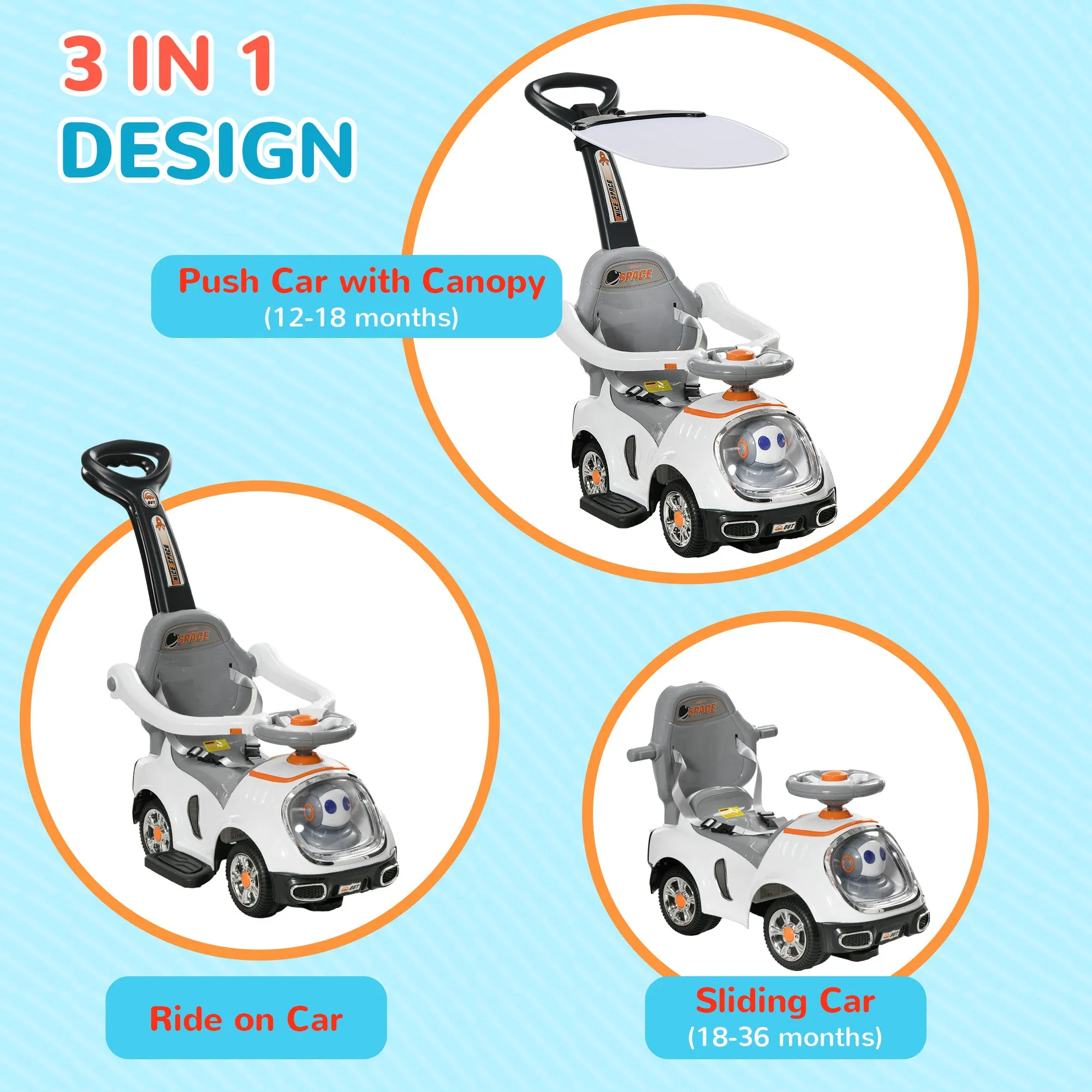 3 in 1 Ride on Push Car, Cartoon Robot Foot to Floor Slider - White