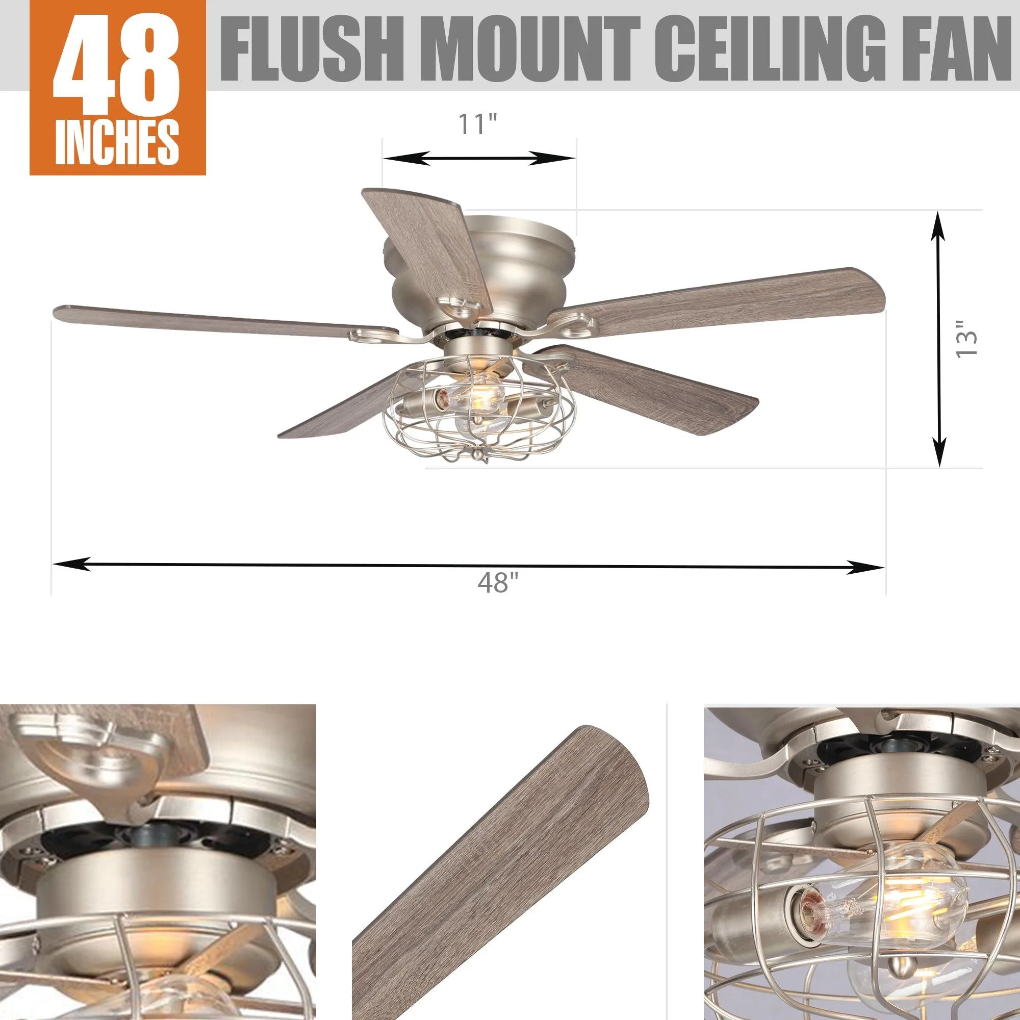 48" Thurber Industrial Satin Nickel Flush Mount Reversible Ceiling Fan with Lighting and Remote Control