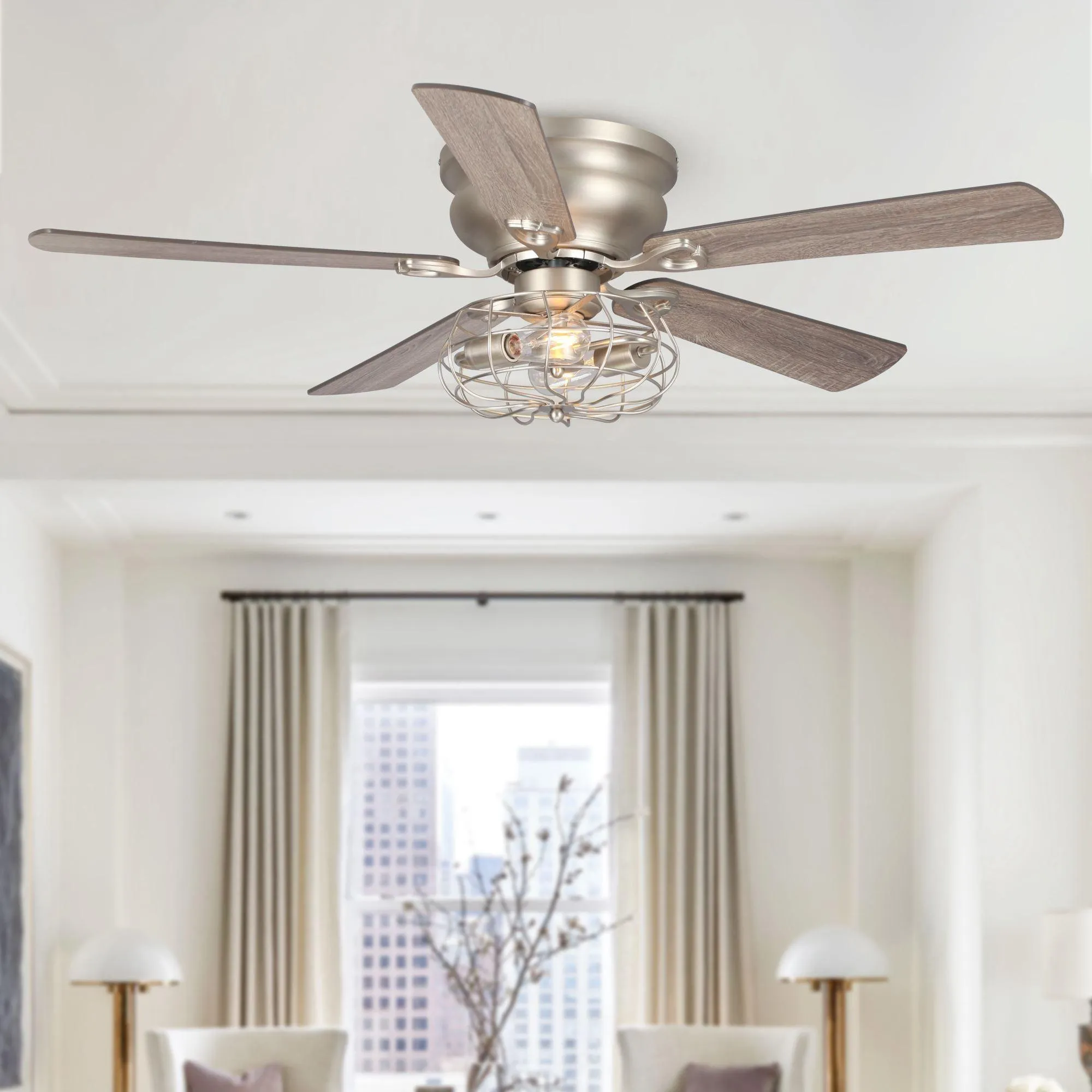 48" Thurber Industrial Satin Nickel Flush Mount Reversible Ceiling Fan with Lighting and Remote Control