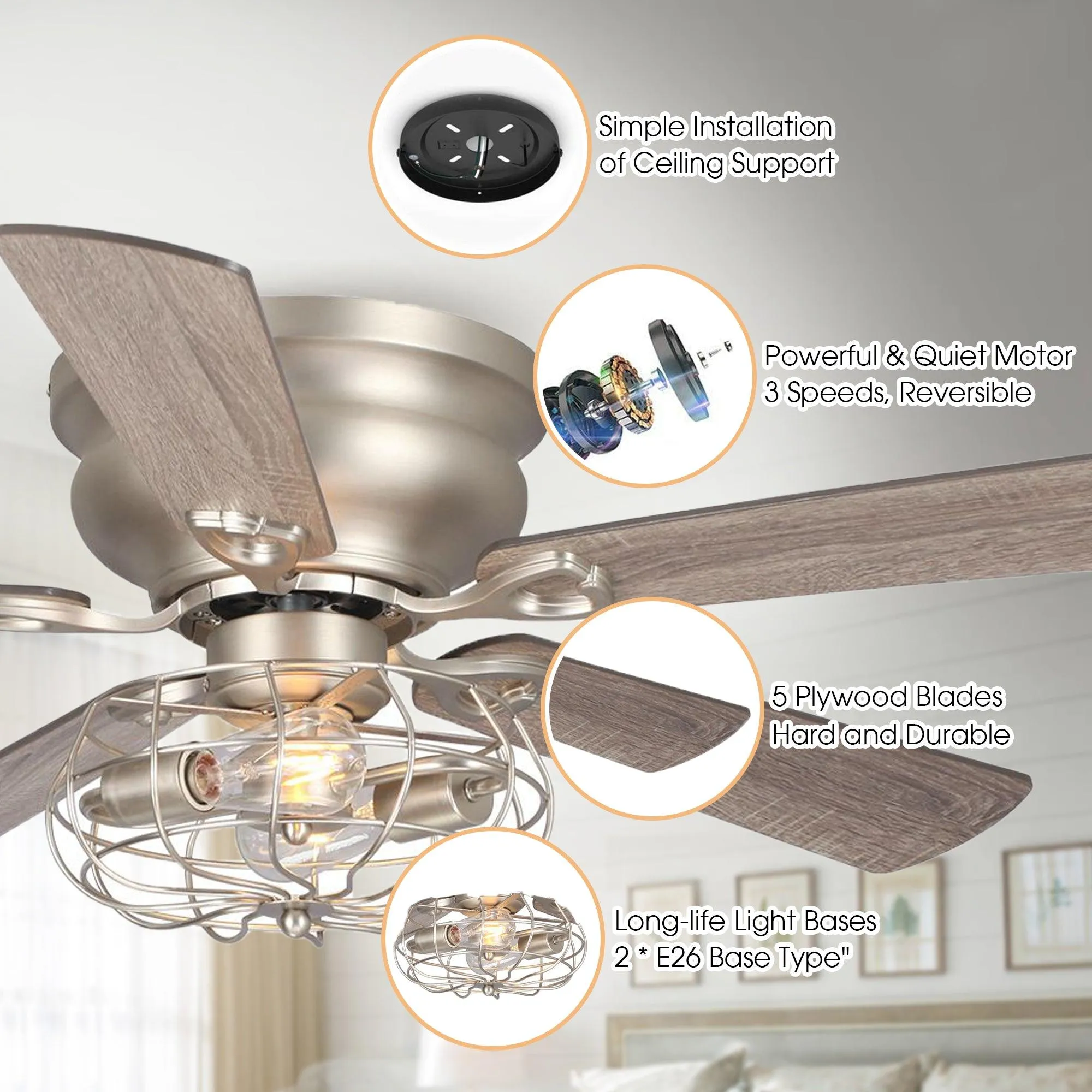 48" Thurber Industrial Satin Nickel Flush Mount Reversible Ceiling Fan with Lighting and Remote Control