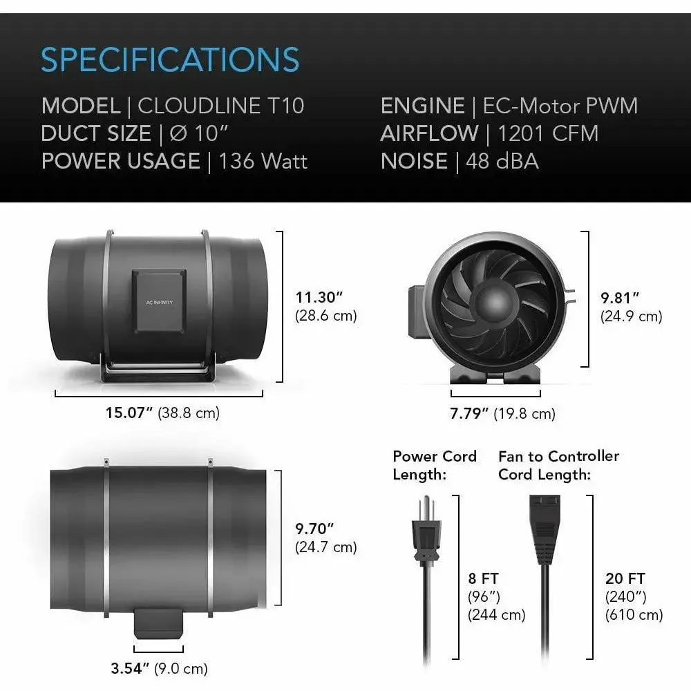 AC Infinity CLOUDLINE T10 Inline Duct Fan System w/ Bluetooth Controller, 10"