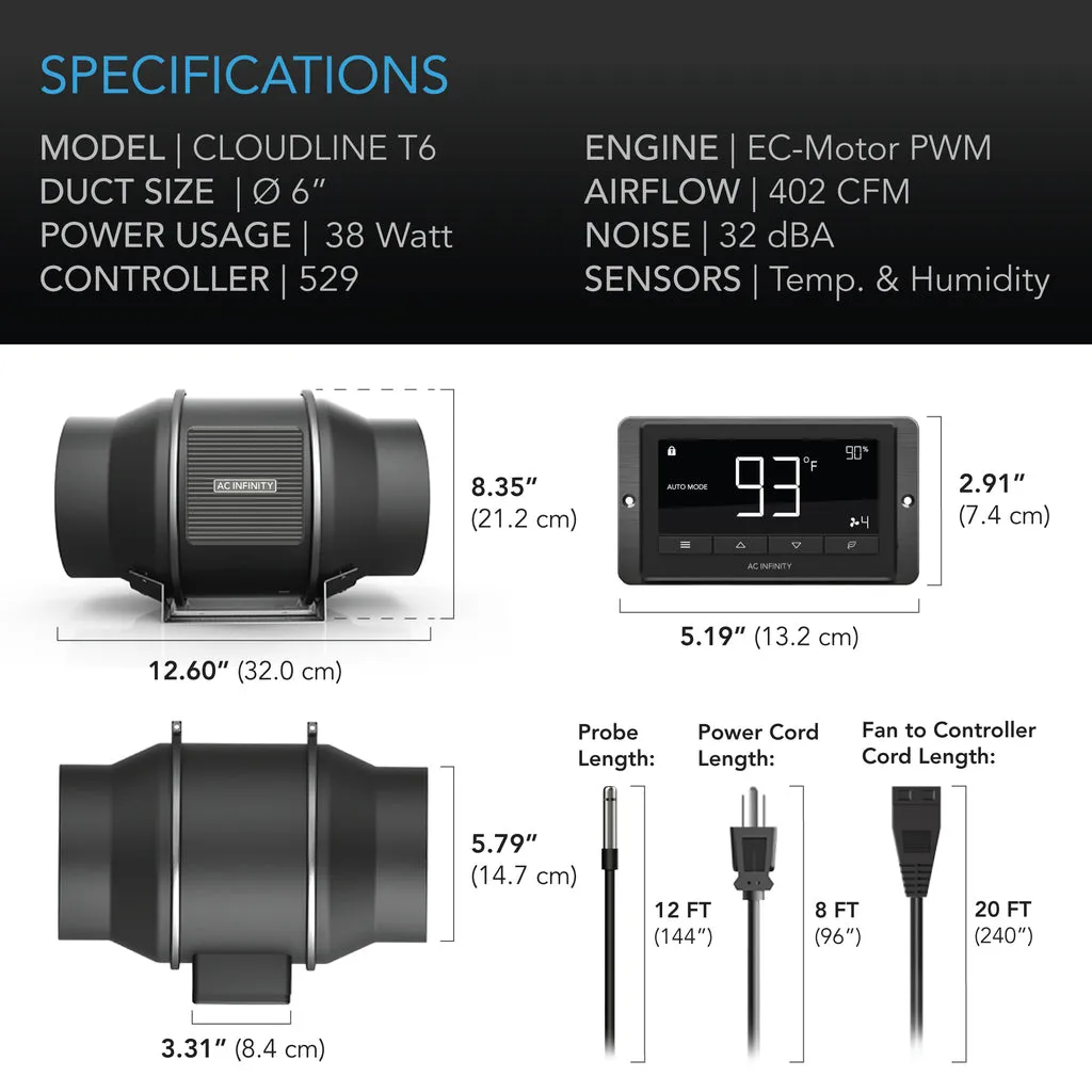 AC Infinity Cloudline T6 Inline Duct Fan System w/ Temperature and Humidity Controller - 6"