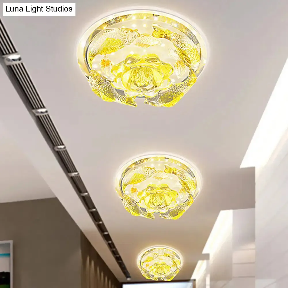 Amber Crystal Flush Mount Flower and Fish LED Ceiling Lamp - Elegant Hallway Lighting