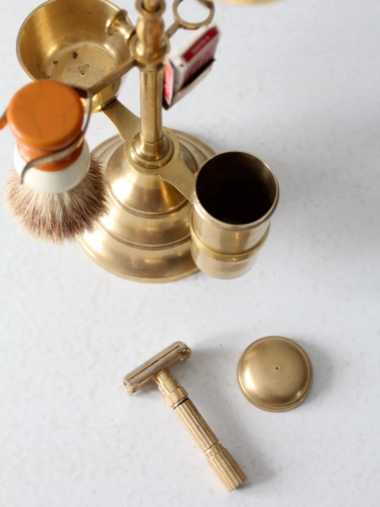 antique brass grooming stand with mirror and Gillette razor