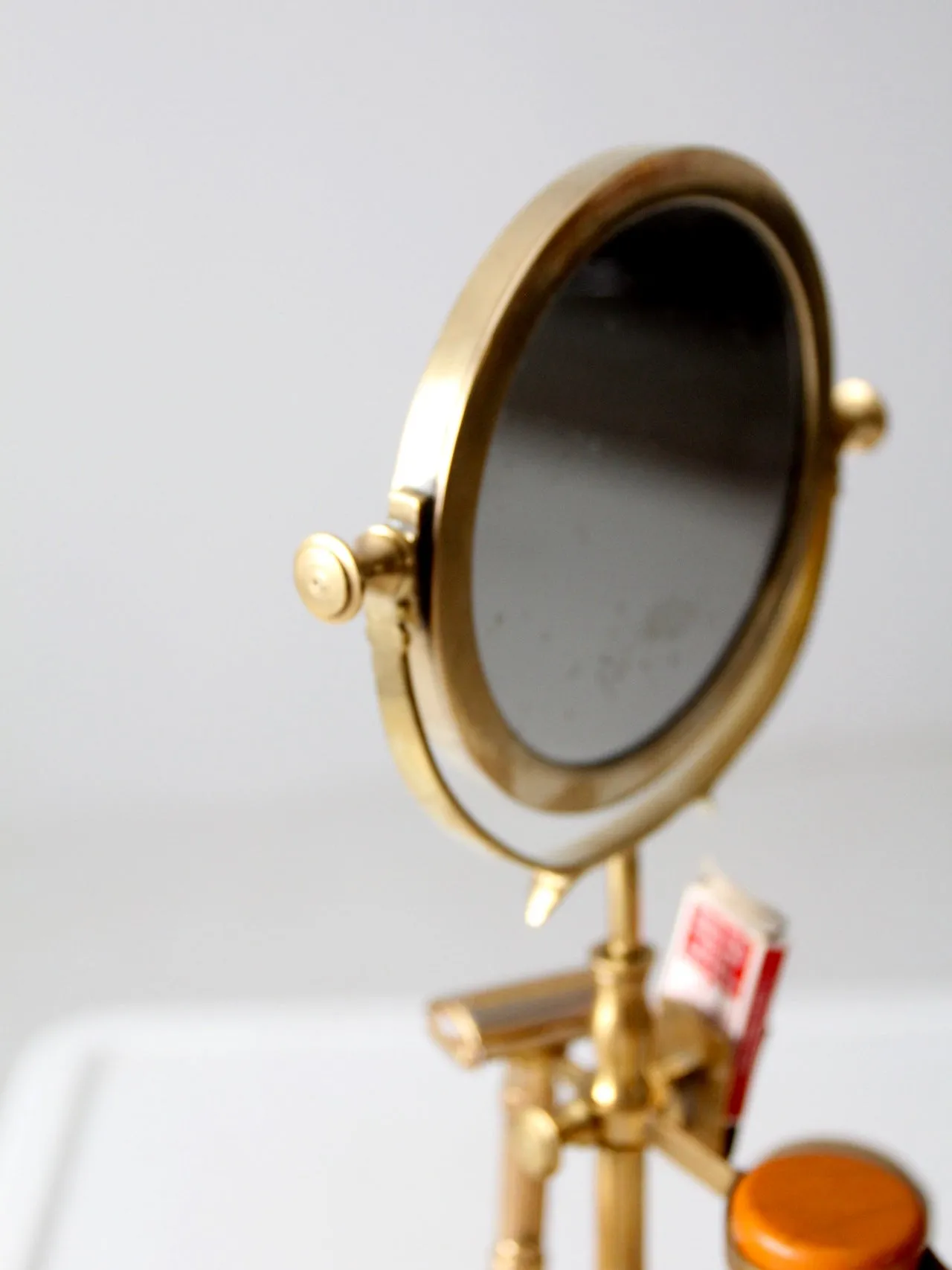 antique brass grooming stand with mirror and Gillette razor