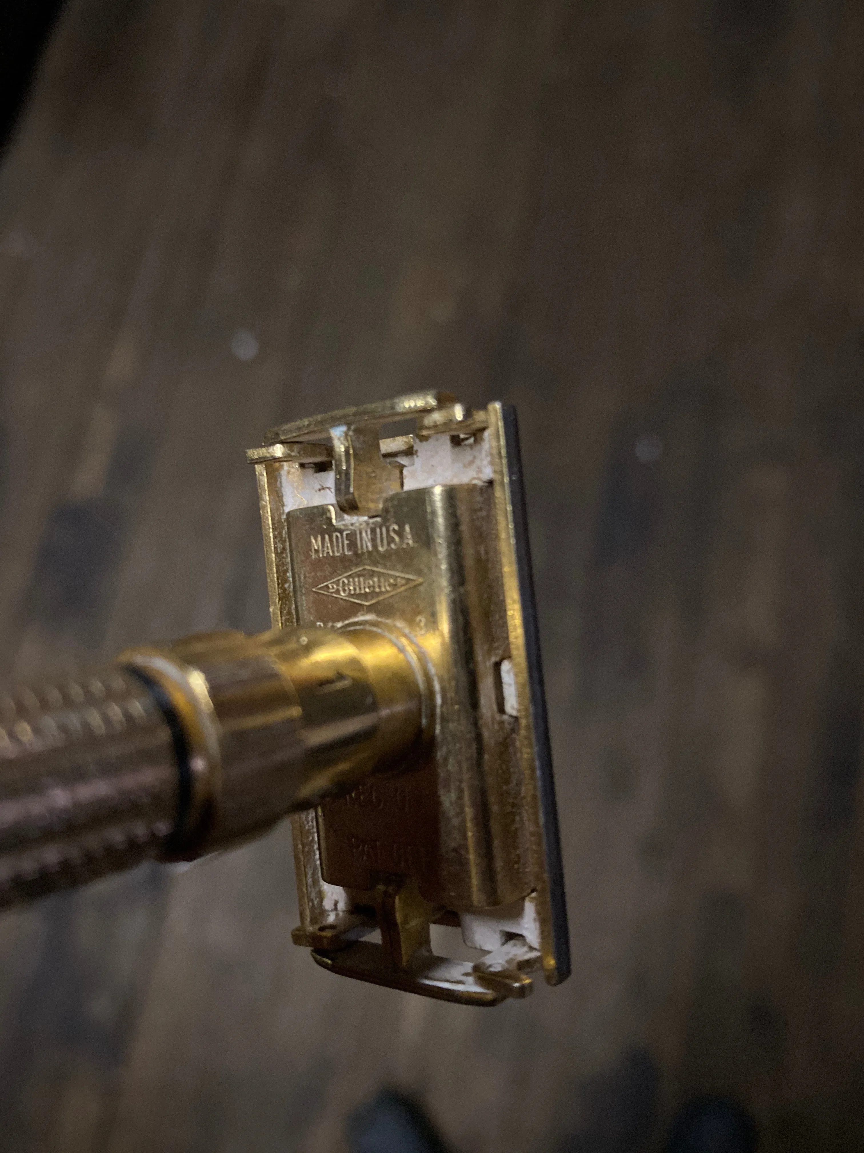 antique brass grooming stand with mirror and Gillette razor