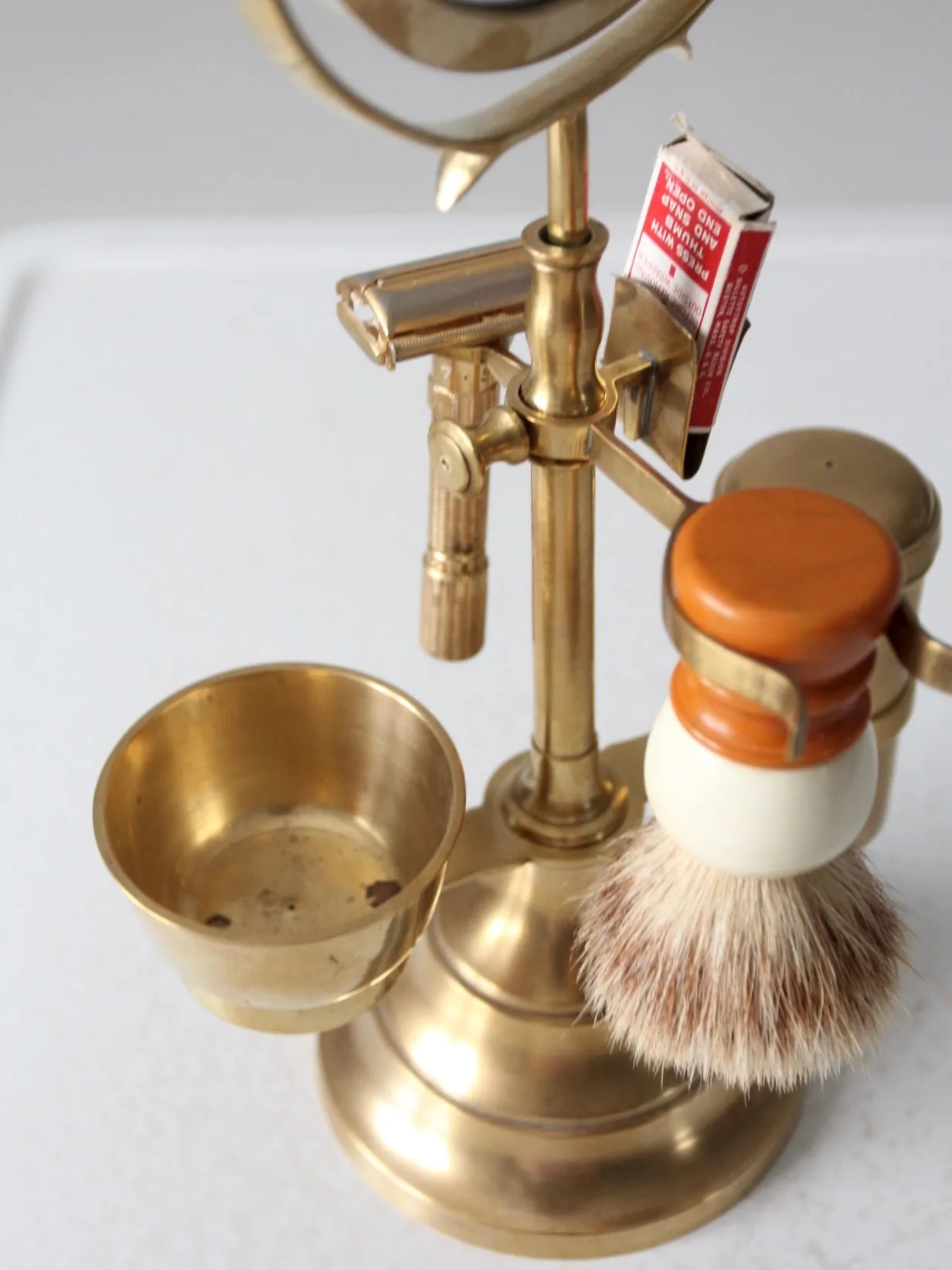 antique brass grooming stand with mirror and Gillette razor