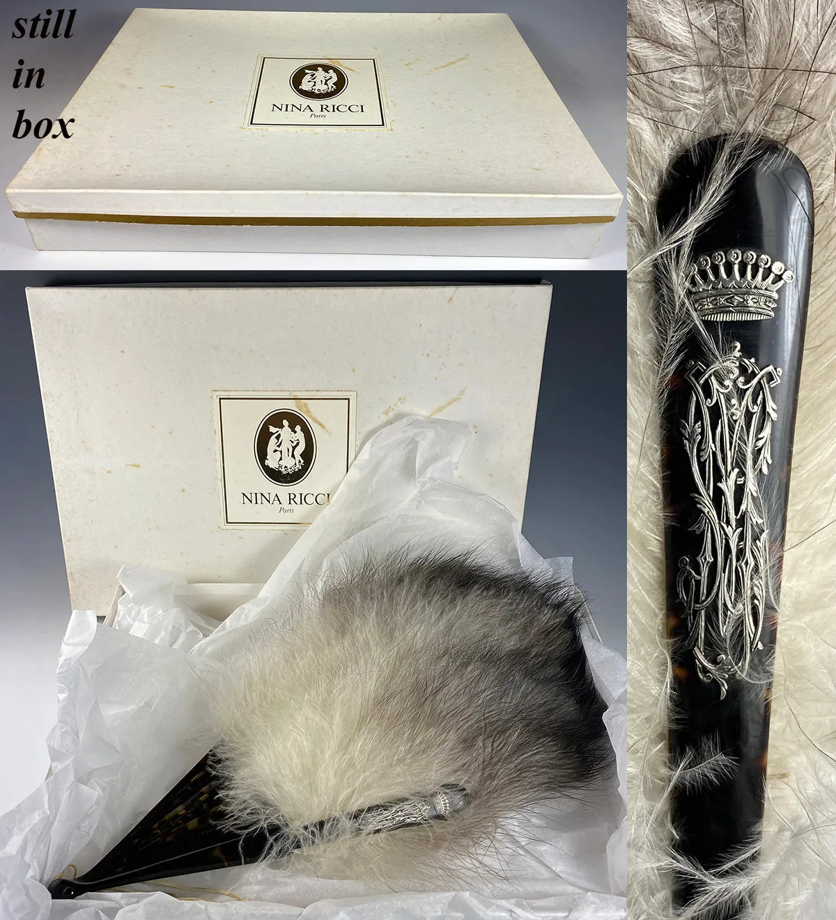 Antique c.1900 French Ostrich Feather and Tortoise Shell Hand Fan, Silver Crown Monogram, in Box Nina Ricci