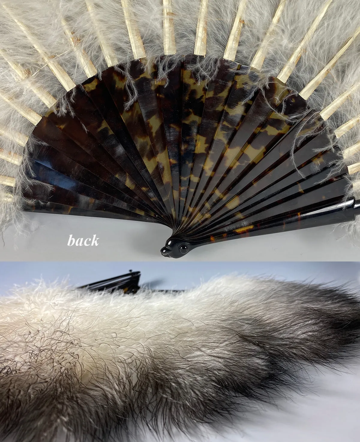 Antique c.1900 French Ostrich Feather and Tortoise Shell Hand Fan, Silver Crown Monogram, in Box Nina Ricci