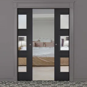 Antwerp 3 Pane Black Primed Double Evokit Pocket Doors - Clear Glass