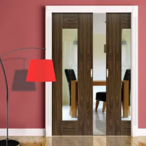 Axis Shaker Walnut Double Evokit Pocket Doors - Clear Glass - Prefinished