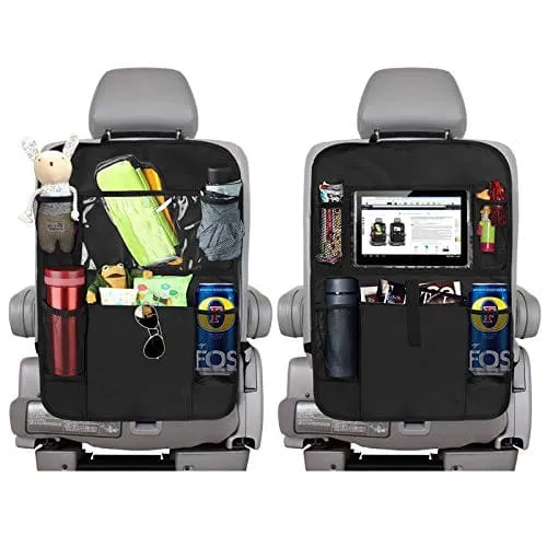 Backseat Car Organizer Kick Mats, KNGUVTH Car Seat Back Protectors with Clear 10" Tablet Holder   5 Storage Pockets Back seat Organizer for Kids Toy Bottle Drink Vehicles Travel Accessories (2 Pack)