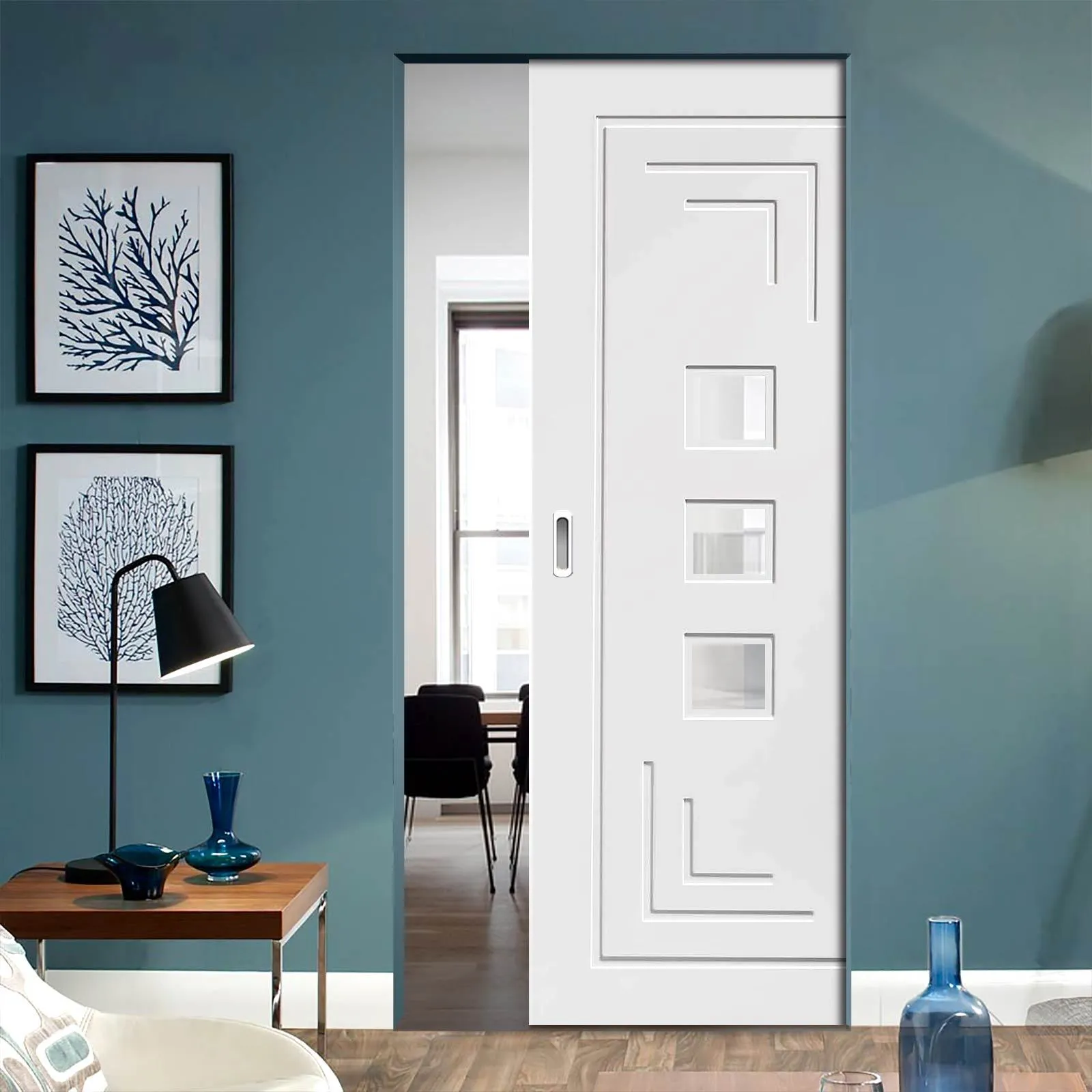 Bespoke Altino White Primed Glazed Single Frameless Pocket Door