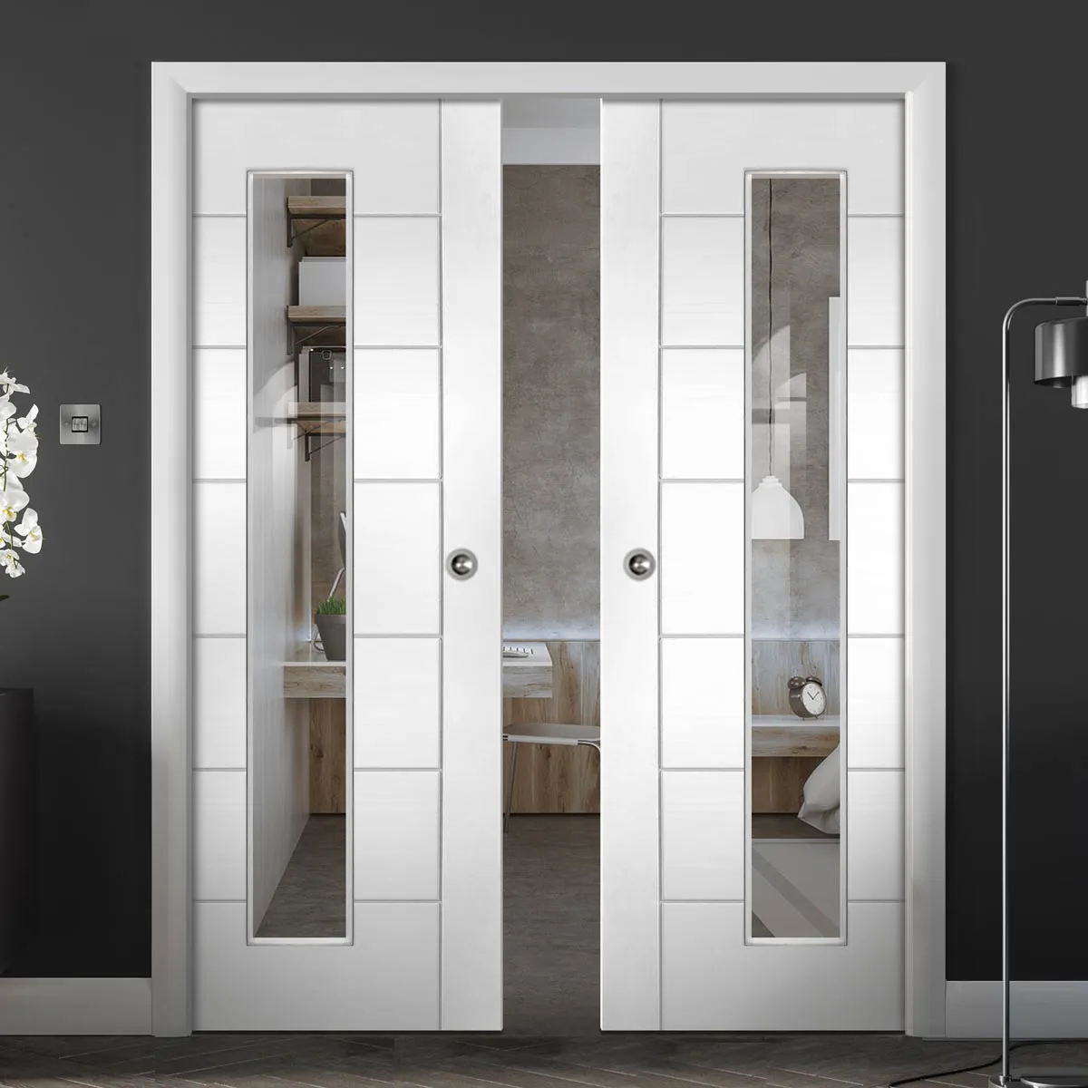 Bespoke Palermo 1L White Primed Glazed Double Pocket Door