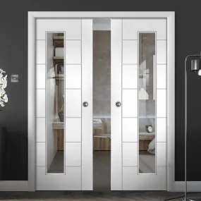 Bespoke Palermo 1L White Primed Glazed Double Pocket Door