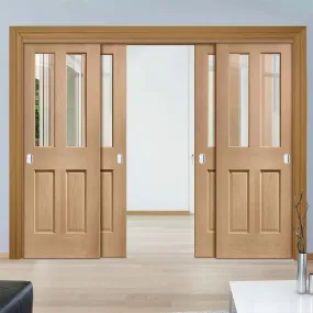 Bespoke Pass-Easi Malton Oak Glazed - 4 Sliding Doors and Frame Kit - Prefinished