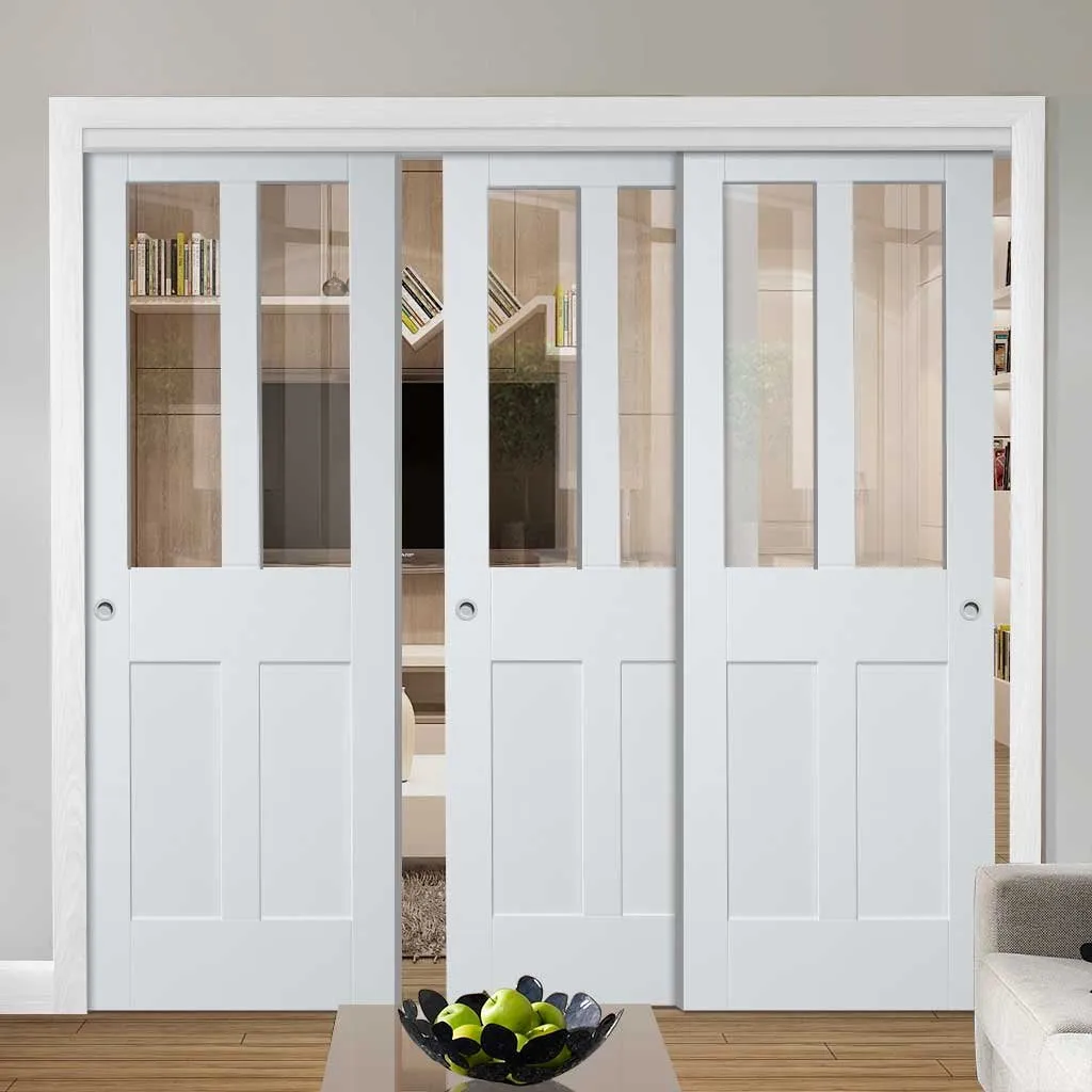 Bespoke Pass-Easi Malton Shaker Glazed - 3 Sliding Doors and Frame Kit - White Primed