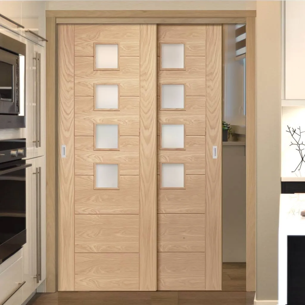 Bespoke Pass-Easi Palermo Oak 4 Pane Glazed - 2 Sliding Doors and Frame Kit