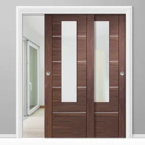 Bespoke Pass-Easi Portici Walnut Glazed - 2 Sliding Doors and Frame Kit - Aluminium Inlay - Prefinished