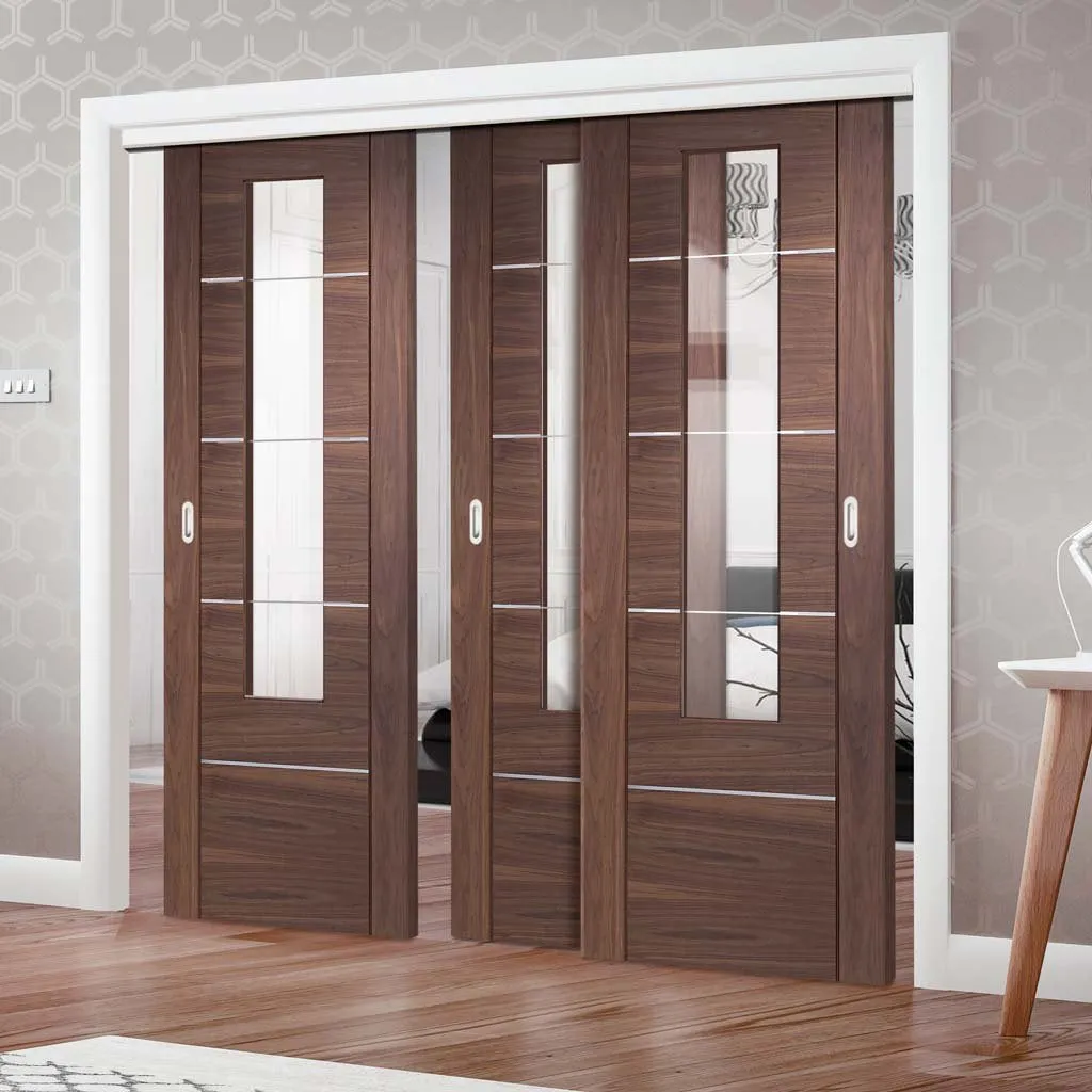 Bespoke Pass-Easi Portici Walnut Glazed - 3 Sliding Doors and Frame Kit - Aluminium Inlay - Prefinished