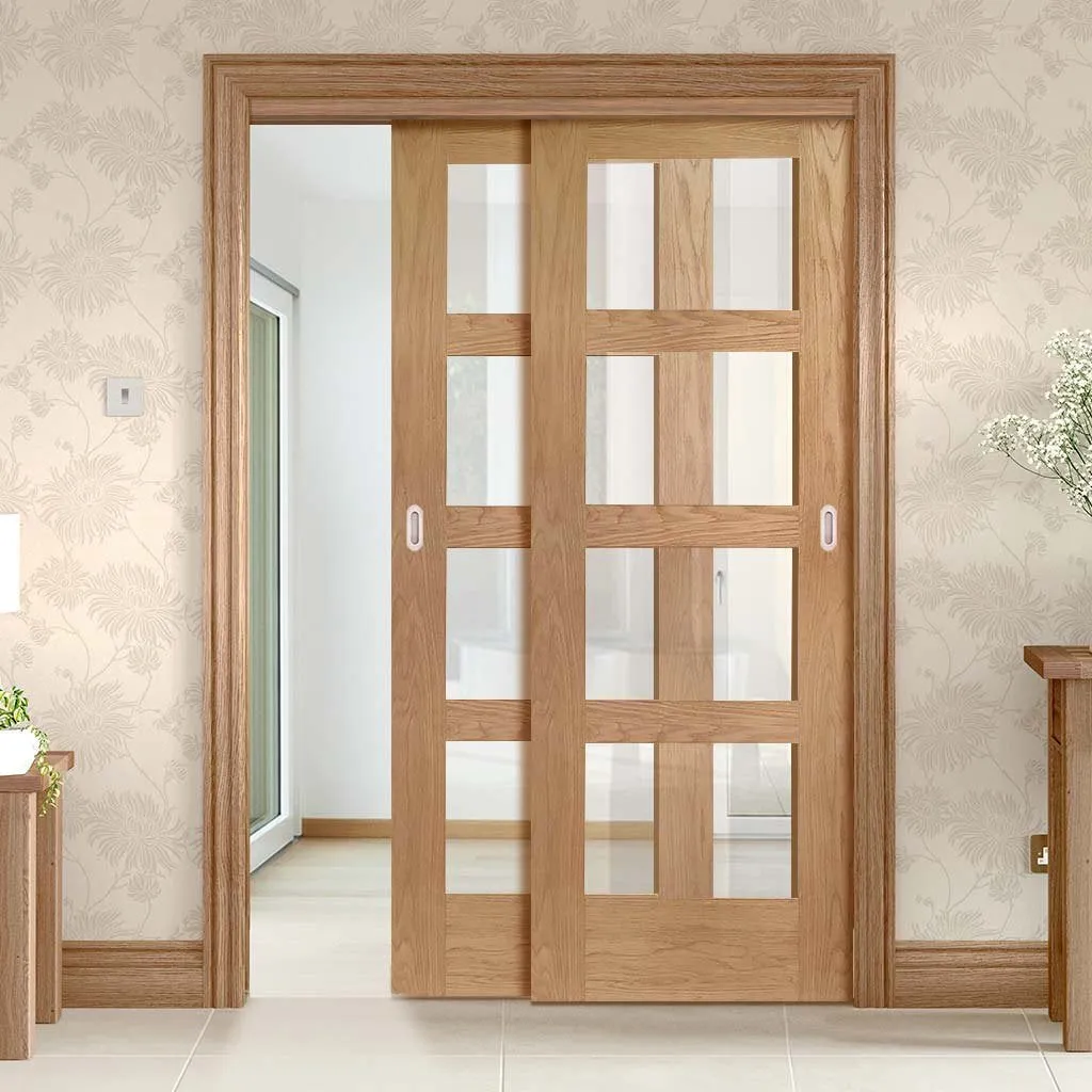 Bespoke Pass-Easi Shaker Oak 4 Pane Glazed - Clear Glass - 2 Sliding Doors and Frame Kit - Prefinished