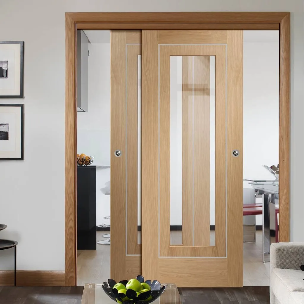 Bespoke Pass-Easi Varese Oak Glazed - 2 Sliding Doors and Frame Kit - Aluminium Inlay - Prefinished