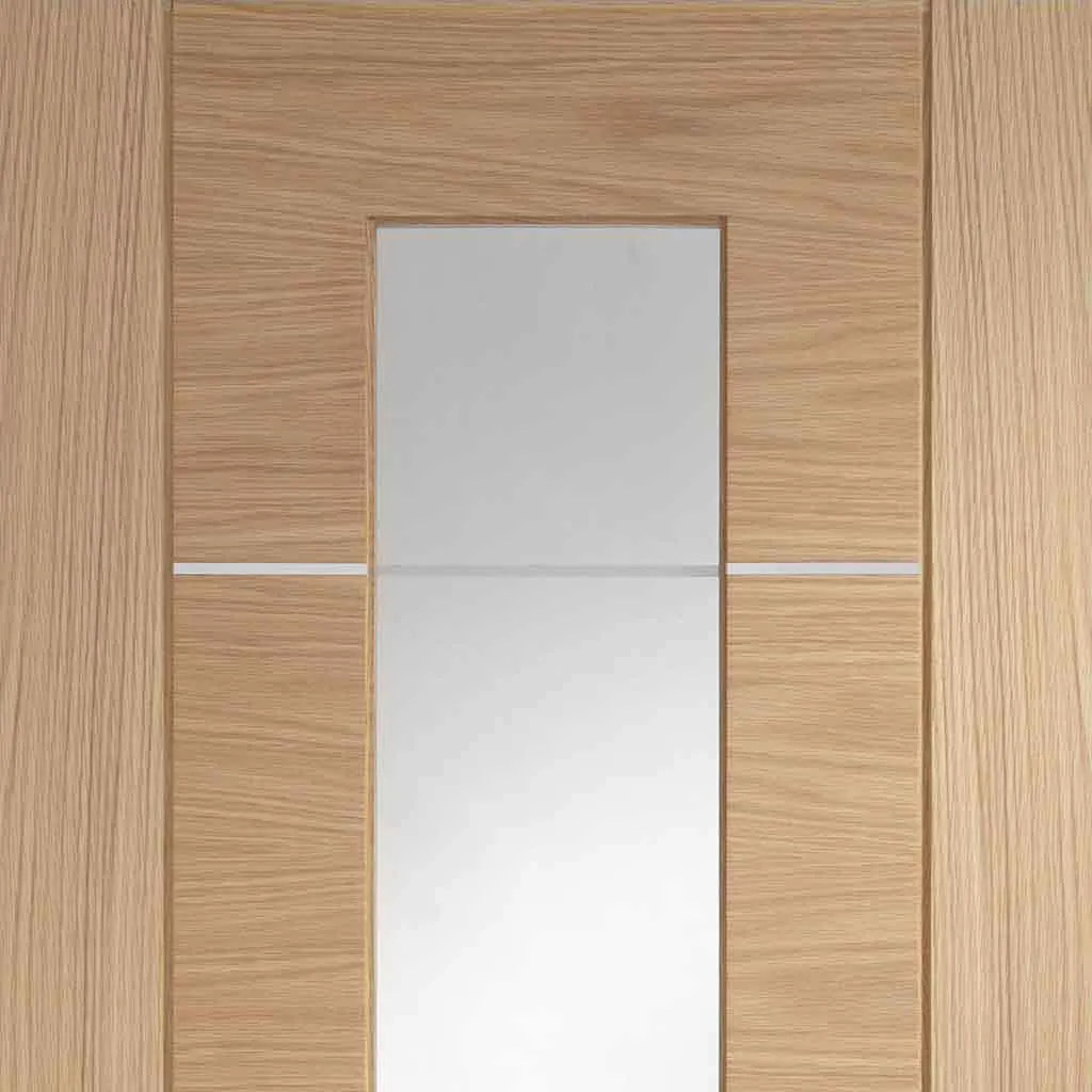 Bespoke Portici Oak Glazed Double Frameless Pocket Door - Aluminium Inlay - Prefinished