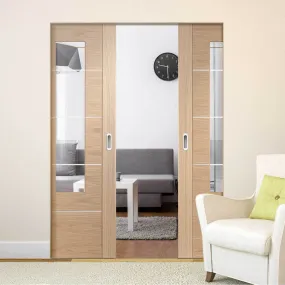 Bespoke Portici Oak Glazed Double Frameless Pocket Door - Aluminium Inlay - Prefinished