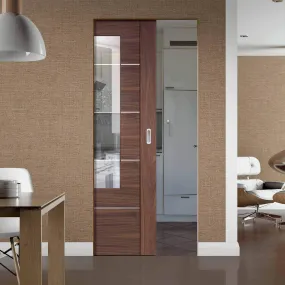 Bespoke Portici Walnut Glazed Single Frameless Pocket Door - Aluminium Inlay - Prefinished