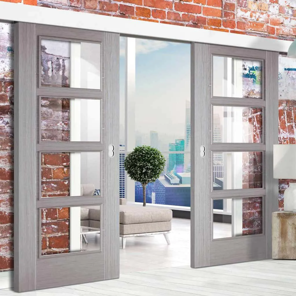 Bespoke Thruslide Surface Light Grey Vancouver Door - Clear Glass - Prefinished Sliding Double Door and Track Kit