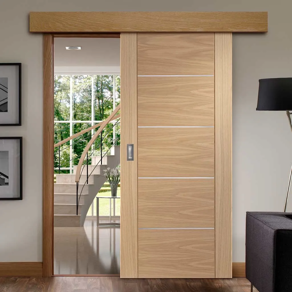 Bespoke Thruslide Surface Portici Oak Flush - Sliding Door and Track Kit - Aluminium Inlay - Prefinished