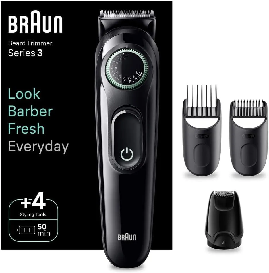 Braun Beard trimmer, trimmer, ultra sharp blade clippers, 40 length settings, gift man, BT3421, Black/Vibrant Green