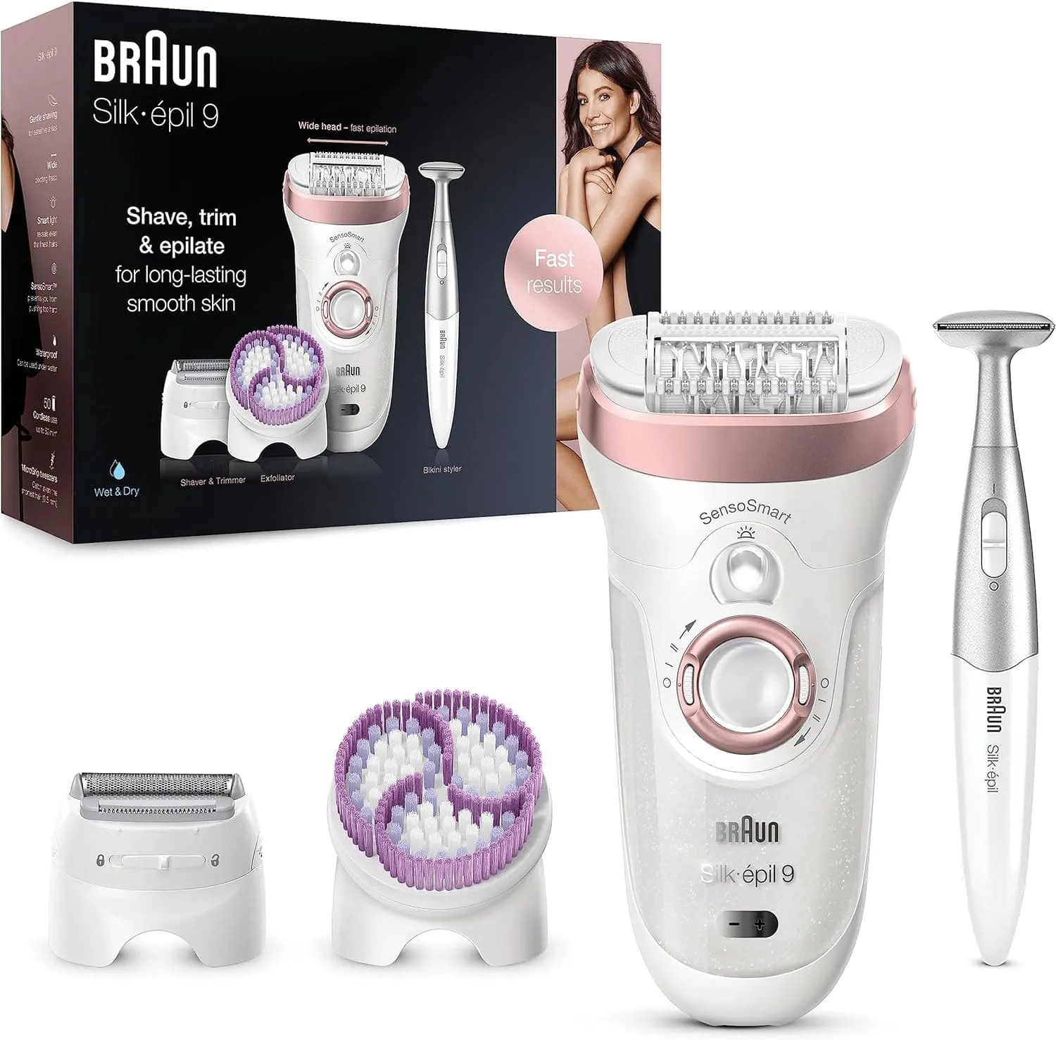 Braun Silk-pil 9 Epilator for Long-Lasting Hair Removal with Electric Shaver & Trimmer, Bikini Trimmer & Exfoliator, 100% Waterproof, UK 2 Pin Plug, 9-980, Rose Gold