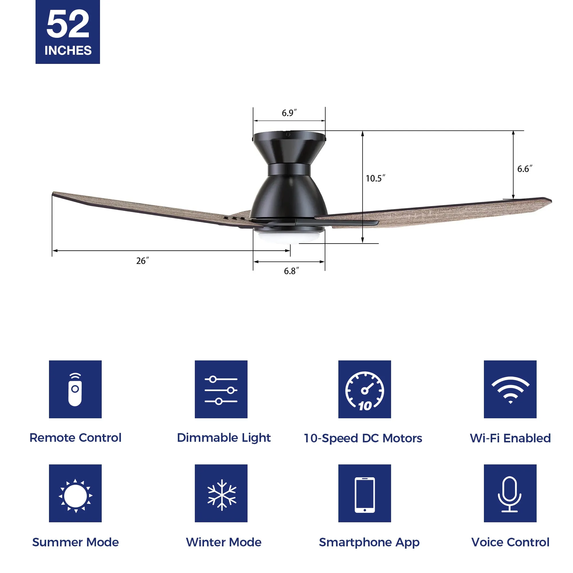 Brooks Smart Flush Mount Ceiling Fan with LED Light Outdoor Indoor 52”