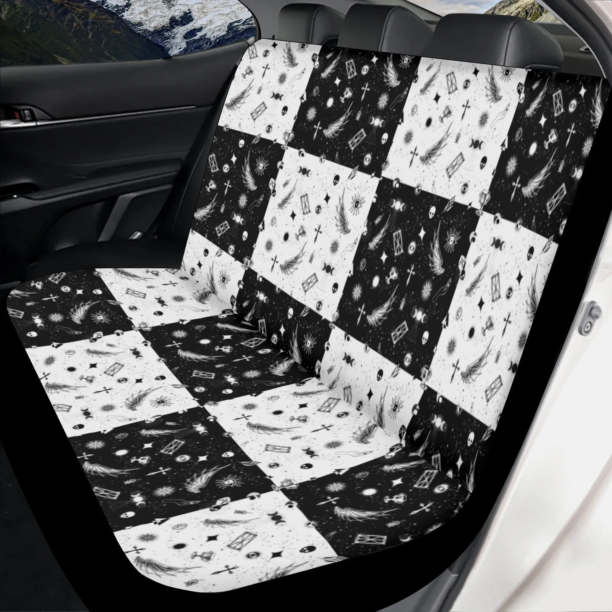 Car Accessories | Car Seat Covers for Front & Back | Cool Fitted Sweat Protector | Vehicle Interiors Upholstery | Monochrome Checkered