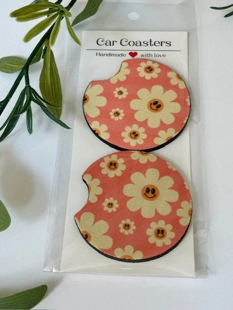 Car Coasters, Set of 2 Coasters, Retro Mushroom Car Coasters, Paw Print, Boho Rainbow, Trendy Cat Coasters, Neoprene Absorbent Coasters