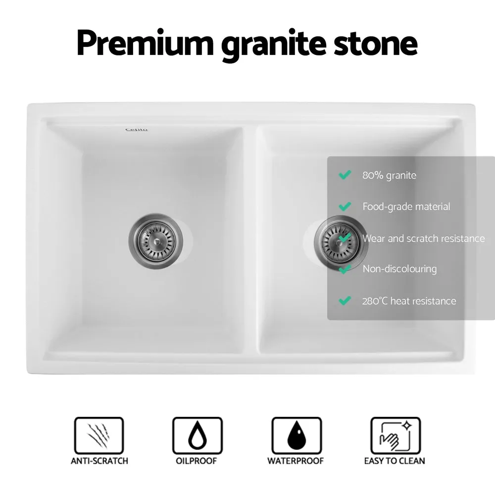 Cefito Kitchen Sink Stone Sink Granite Laundry Basin Double Bowl 79cmx46cm White