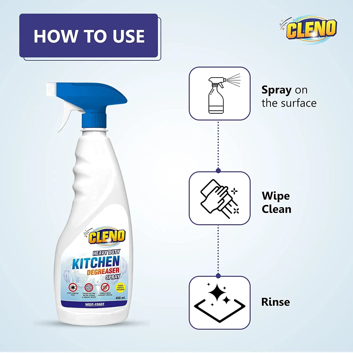 Cleno Heavy Duty Kitchen Degreaser Cleaner Spray Removes Oil Grease from Food Stains/Chimney Stove Grill/Kitchen Slab/Oven/Exhaust Fan, 450 ml