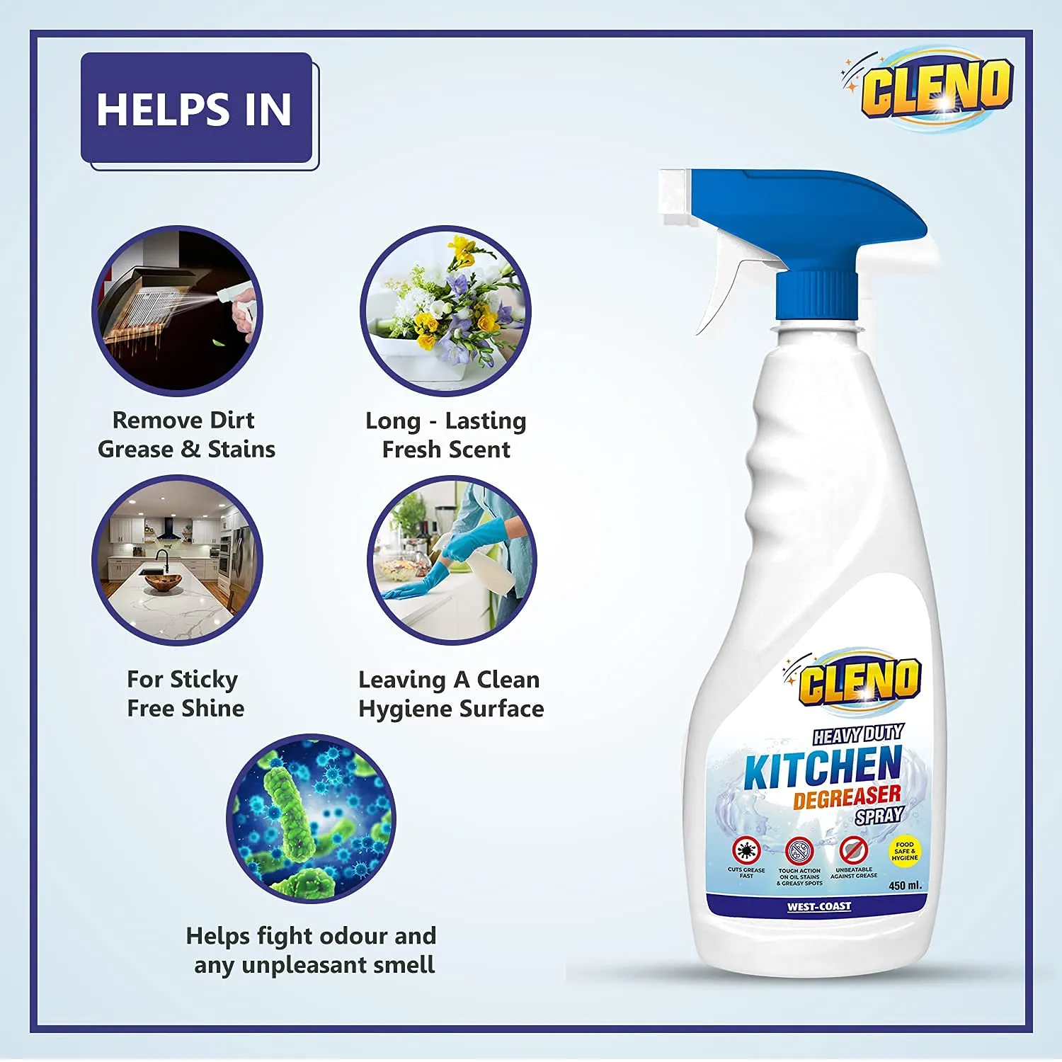 Cleno Heavy Duty Kitchen Degreaser Cleaner Spray Removes Oil Grease from Food Stains/Chimney Stove Grill/Kitchen Slab/Oven/Exhaust Fan, 450 ml