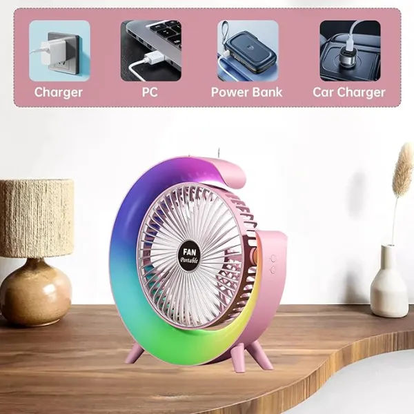 Colorful Deskstop Table Fan With Rgb Led Light 3 Speeds G Shape Quiet Fan 180° Adjustable For Office, Home And Outdoor – Rechargeable (random Color)