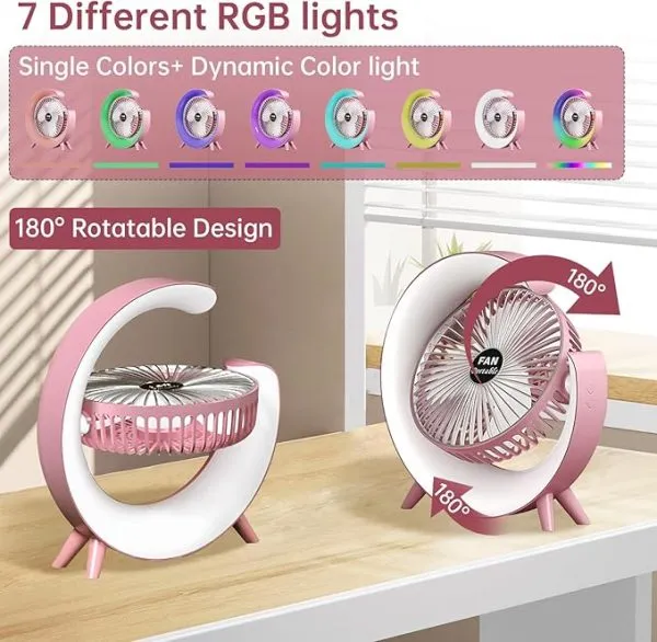 Colorful Deskstop Table Fan With Rgb Led Light 3 Speeds G Shape Quiet Fan 180° Adjustable For Office, Home And Outdoor – Rechargeable (random Color)