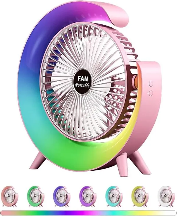 Colorful Deskstop Table Fan With Rgb Led Light 3 Speeds G Shape Quiet Fan 180° Adjustable For Office, Home And Outdoor – Rechargeable (random Color)