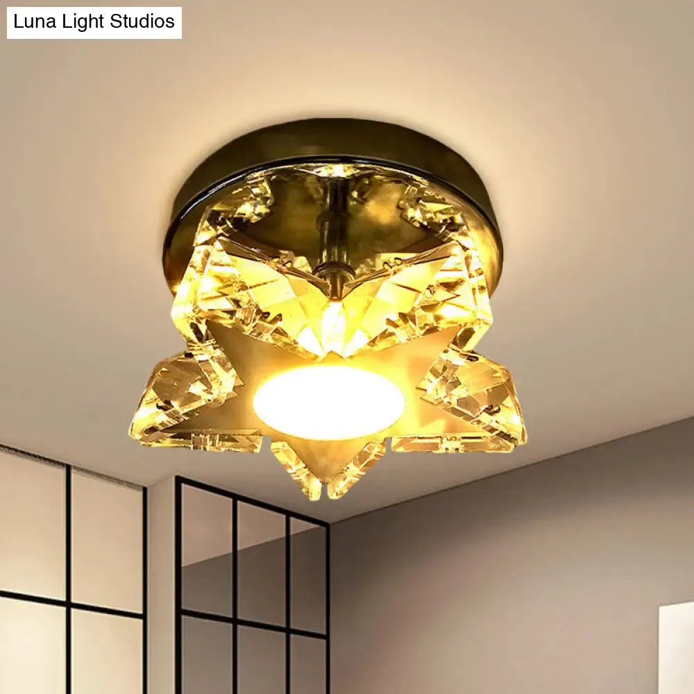 Contemporary LED Star Shaped Ceiling Mounted Fixture - Clear Crystal, Nickel, Warm/White Light - Bedroom Flush Light