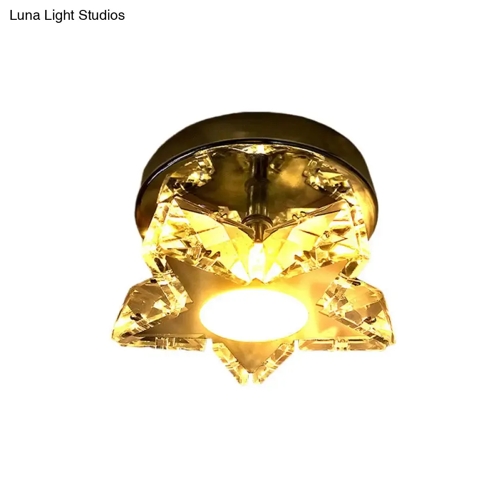 Contemporary LED Star Shaped Ceiling Mounted Fixture - Clear Crystal, Nickel, Warm/White Light - Bedroom Flush Light