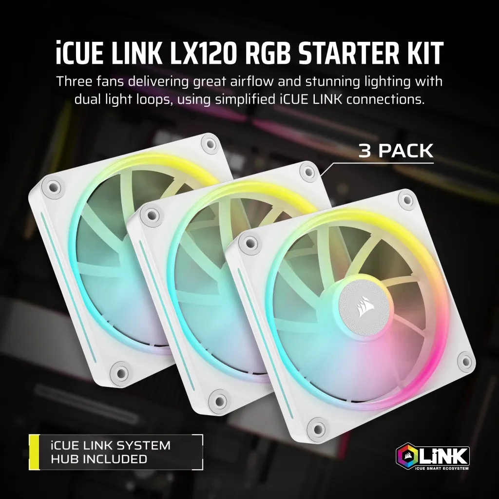 Corsair iCUE LINK LX120 RGB STARTER White 120mm PWM PC Case Fan Triple Fan Kit (3件裝) (CO-9051030-WW)