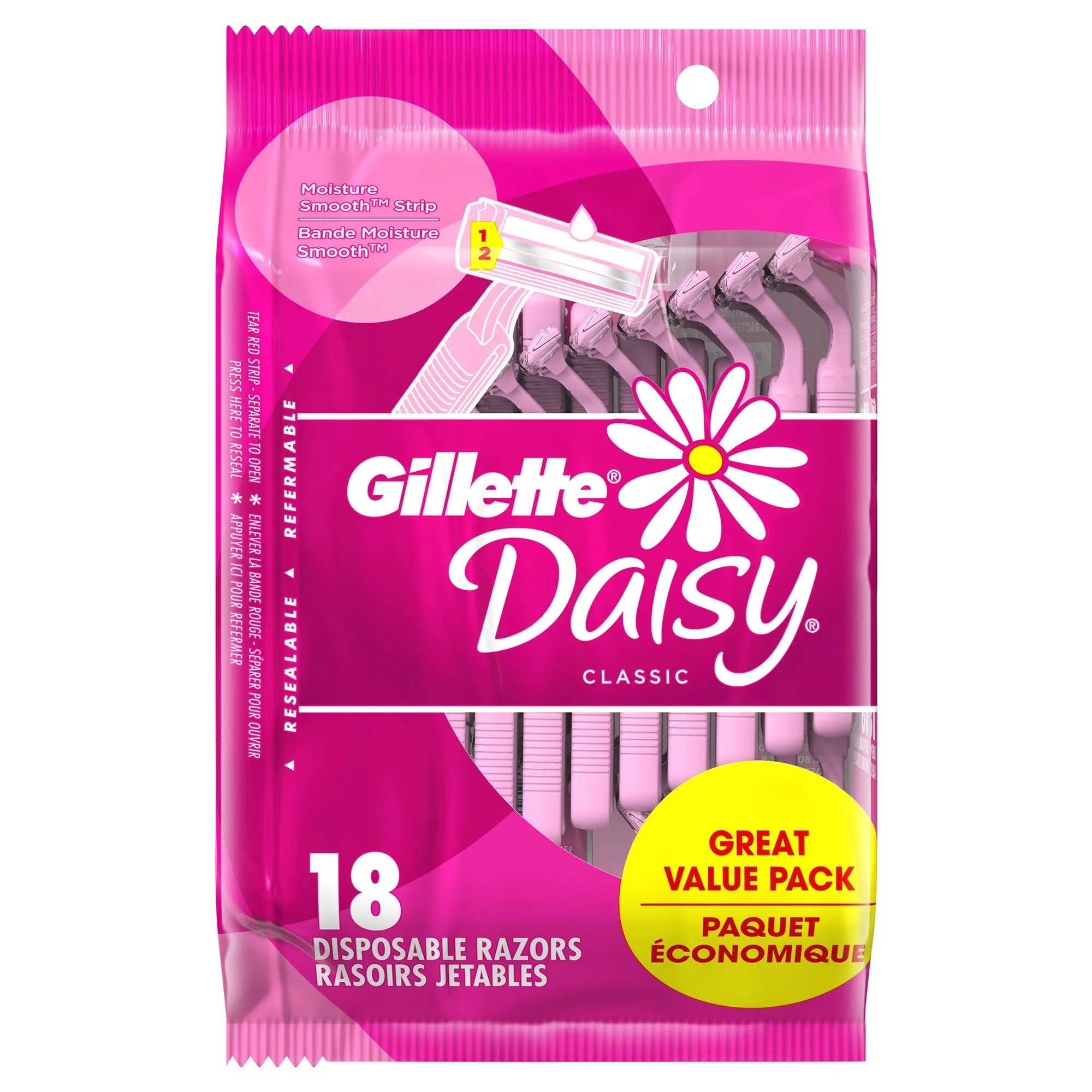 Daisy Gillette Disposable Razors for Women, 2-Bladed, 18 Count, Pink